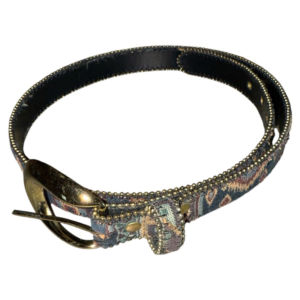 Vtg Women’s Bonded Leather Tapestry Belt Beaded Small Boho Gold Buckle Western